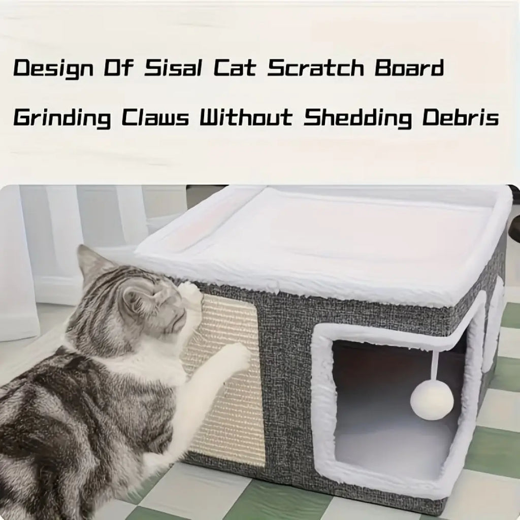 A Cat Bed Suitable for Indoor Cats, with a Large Cat Hole for a Comfortable Apartment, Fluffy Hanging Balls, round Windows, a Foldable Indoor Cat House, Capable of Bearing up to 30 Pounds , with Double-Sided Soft Cushions, Suitable for All Seasons