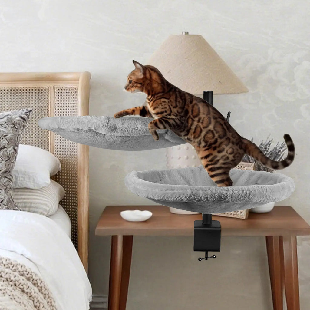 Unidevice Cat Desk Bed - Sturdy Cat Bed for Desk, Double Cat Bed with 360° Rotating & Adjustable Height, Elevated Cats Nest Perch for Desk, Grey Kitty Machine Washable Bedding Outdoorfun