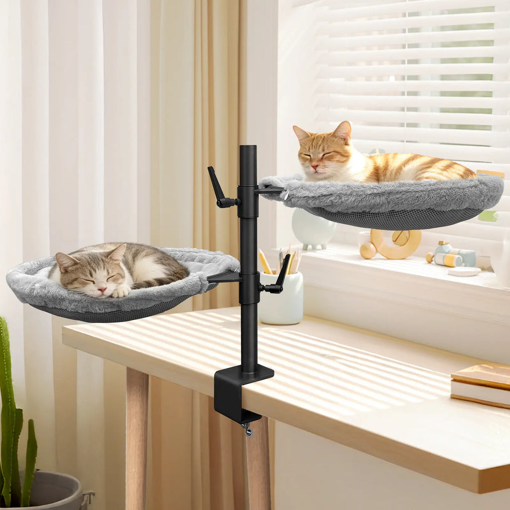 Unidevice Cat Desk Bed - Sturdy Cat Bed for Desk, Double Cat Bed with 360° Rotating & Adjustable Height, Elevated Cats Nest Perch for Desk, Grey Kitty Machine Washable Bedding Outdoorfun