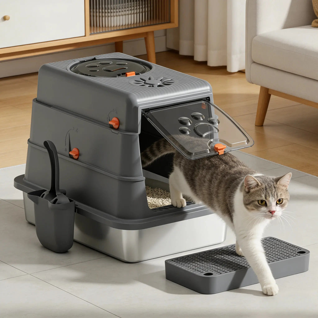 Petwhole 3-In-1 Enclosed Stainless Steel Litter Box (Medium Size) - Litter Box Enclosure with Odor Control, Leak Guard, Easy Cleaning, Scoop & Deodorant Bag for Kittens