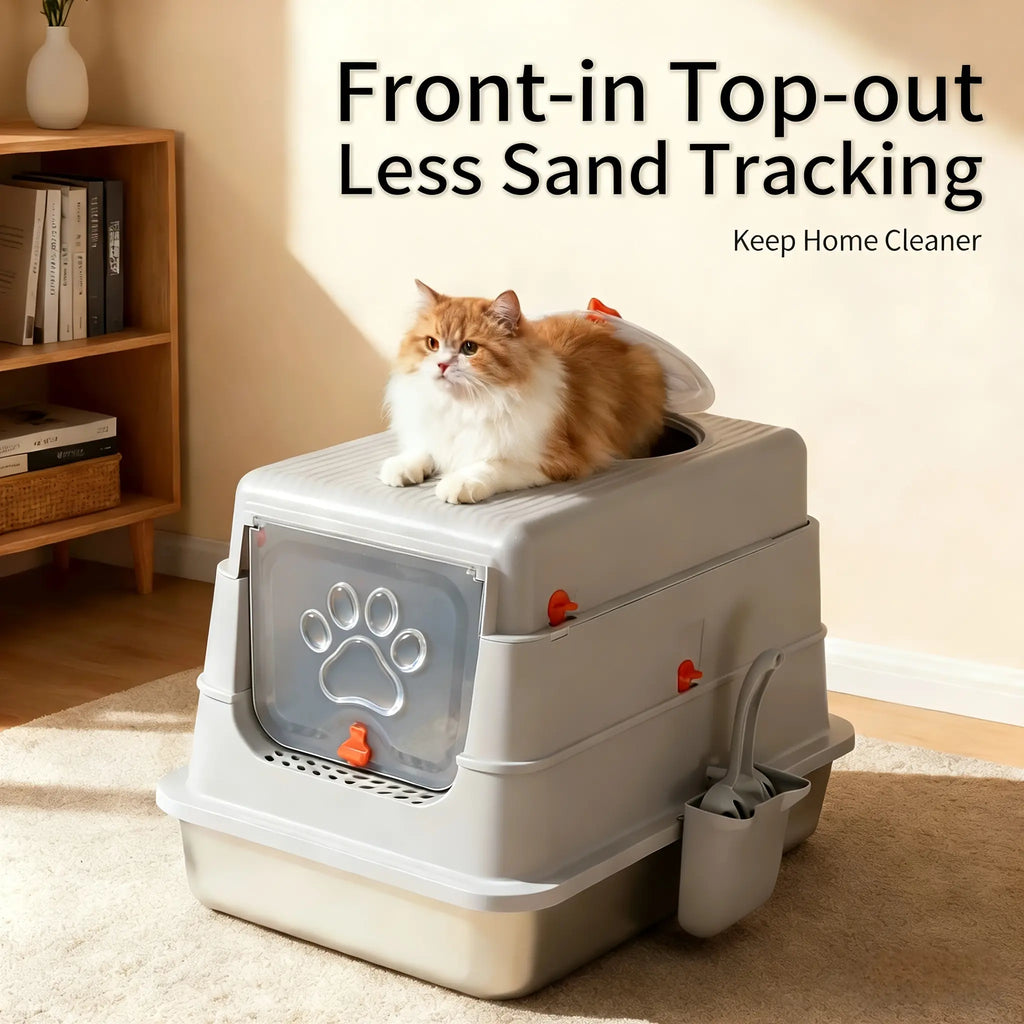 Petwhole 3-In-1 Enclosed Stainless Steel Litter Box (Medium Size) - Litter Box Enclosure with Odor Control, Leak Guard, Easy Cleaning, Scoop & Deodorant Bag for Kittens