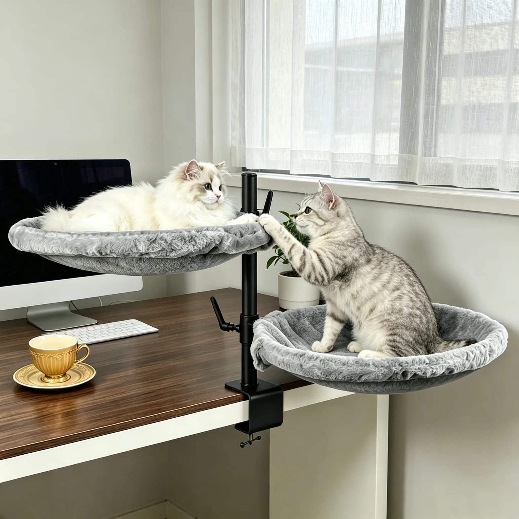 Unidevice Cat Desk Bed - Sturdy Cat Bed for Desk, Double Cat Bed with 360° Rotating & Adjustable Height, Elevated Cats Nest Perch for Desk, Grey Kitty Machine Washable Bedding Outdoorfun
