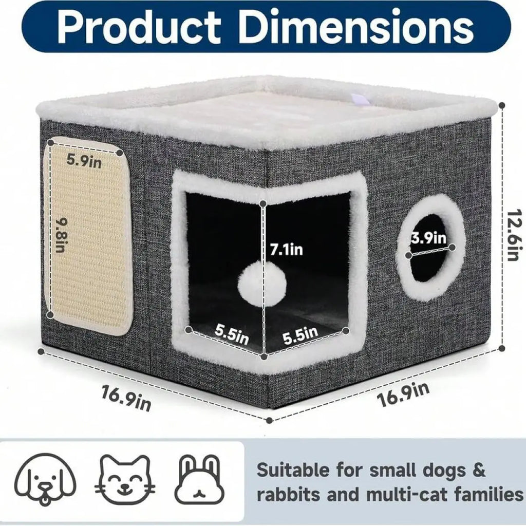 A Cat Bed Suitable for Indoor Cats, with a Large Cat Hole for a Comfortable Apartment, Fluffy Hanging Balls, round Windows, a Foldable Indoor Cat House, Capable of Bearing up to 30 Pounds , with Double-Sided Soft Cushions, Suitable for All Seasons