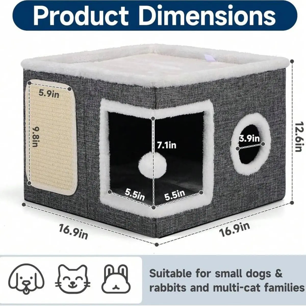 A Cat Bed Suitable for Indoor Cats, with a Large Cat Hole for a Comfortable Apartment, Fluffy Hanging Balls, round Windows, a Foldable Indoor Cat House, Capable of Bearing up to 30 Pounds , with Double-Sided Soft Cushions, Suitable for All Seasons