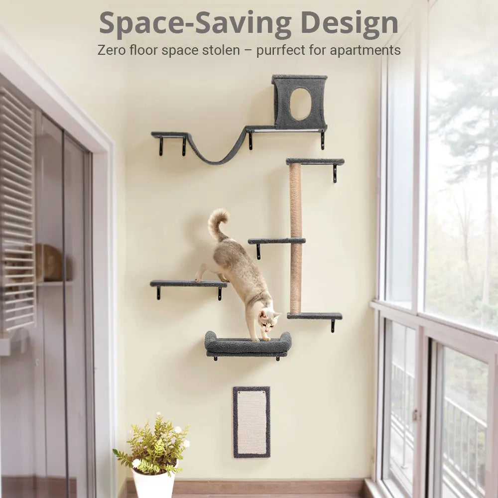 【Petcozife】5-In-1 Wall Mounted Cat Climber Set with Cat House, Wooden Kitten Climbing Wall with Scratching Post, Tunnel, Bridge, Tree, Steps, Scratcher Board & Hammock, Indoor Cat Shelves for Luxury Kitty