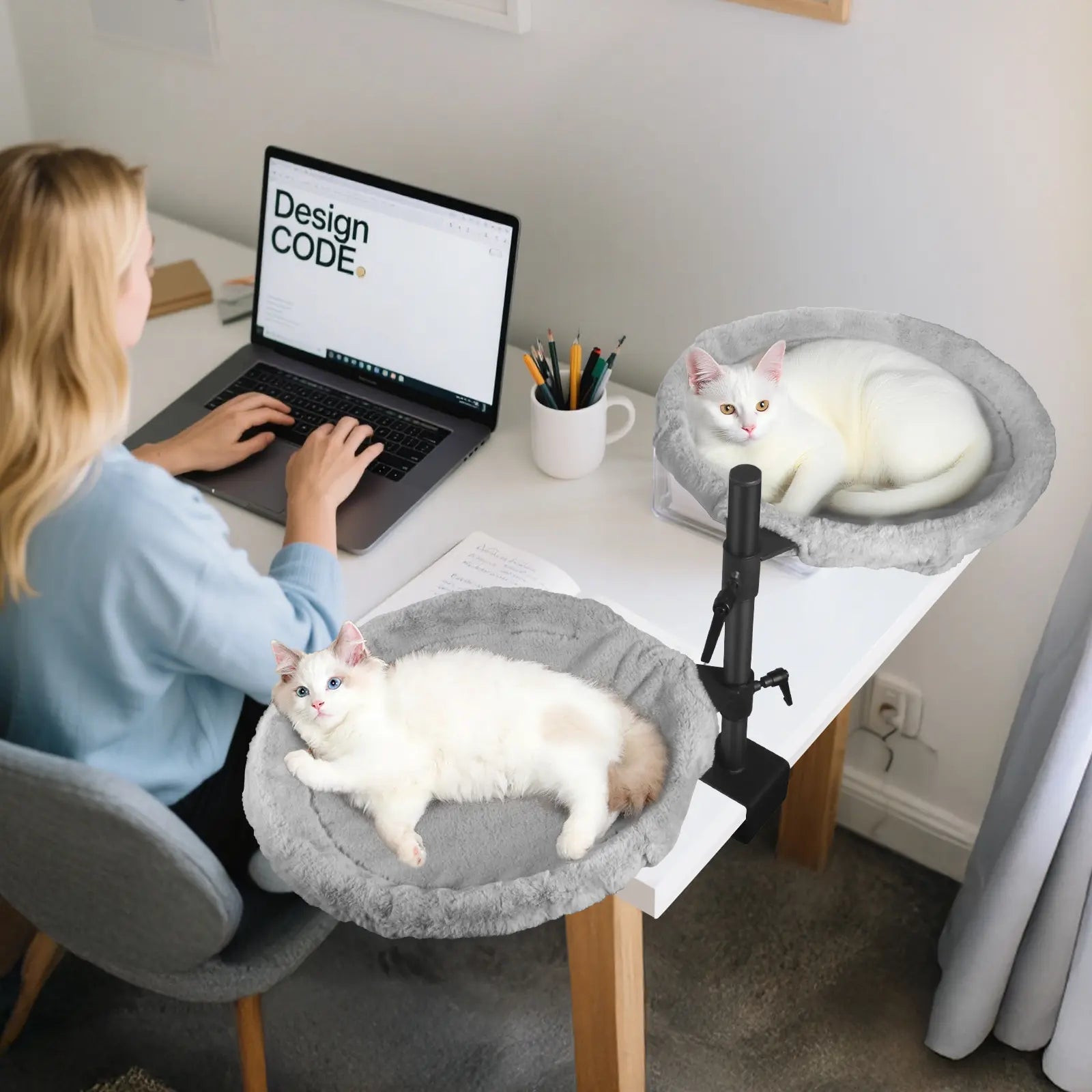 Unidevice Cat Desk Bed - Sturdy Cat Bed for Desk, Double Cat Bed with 360° Rotating & Adjustable Height, Elevated Cats Nest Perch for Desk, Grey Kitty Machine Washable Bedding Outdoorfun