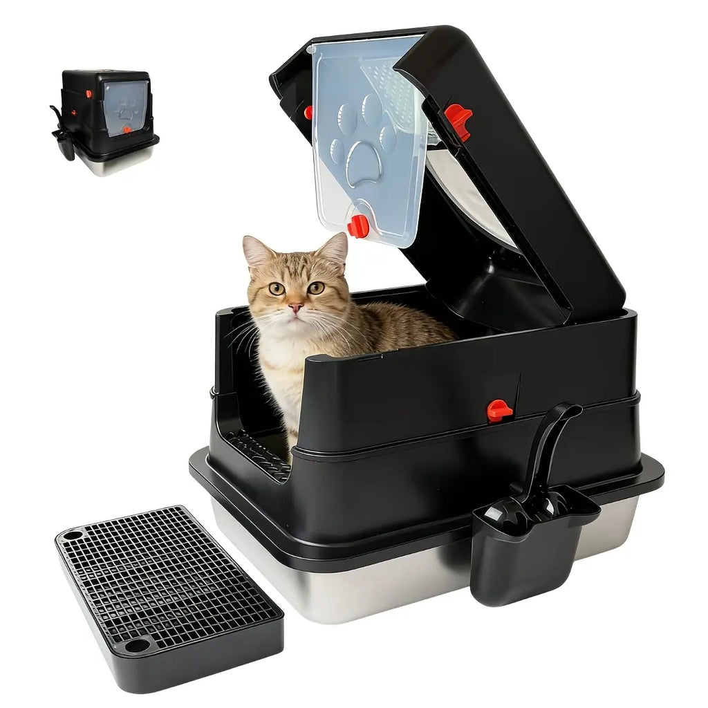 Petwhole 3-In-1 Enclosed Stainless Steel Litter Box (Medium Size) - Litter Box Enclosure with Odor Control, Leak Guard, Easy Cleaning, Scoop & Deodorant Bag for Kittens