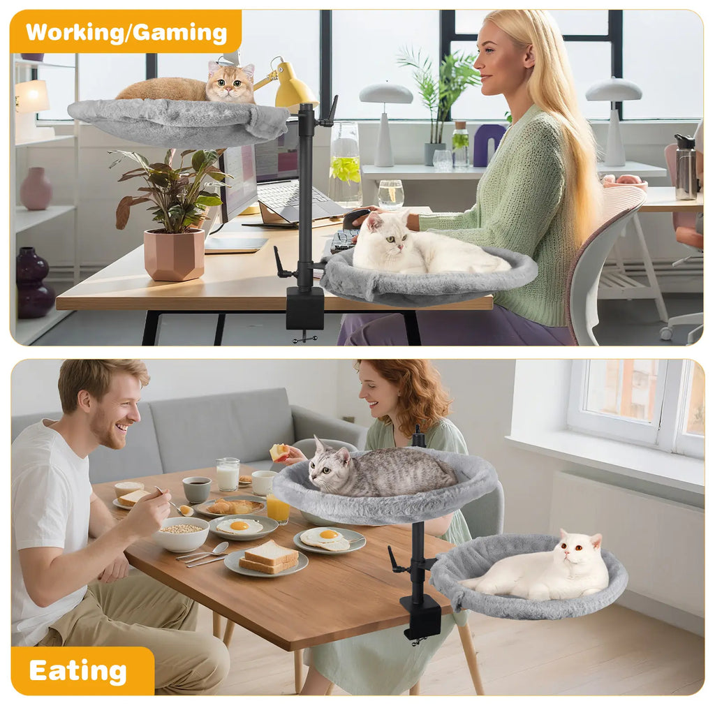 Unidevice Cat Desk Bed - Sturdy Cat Bed for Desk, Double Cat Bed with 360° Rotating & Adjustable Height, Elevated Cats Nest Perch for Desk, Grey Kitty Machine Washable Bedding Outdoorfun