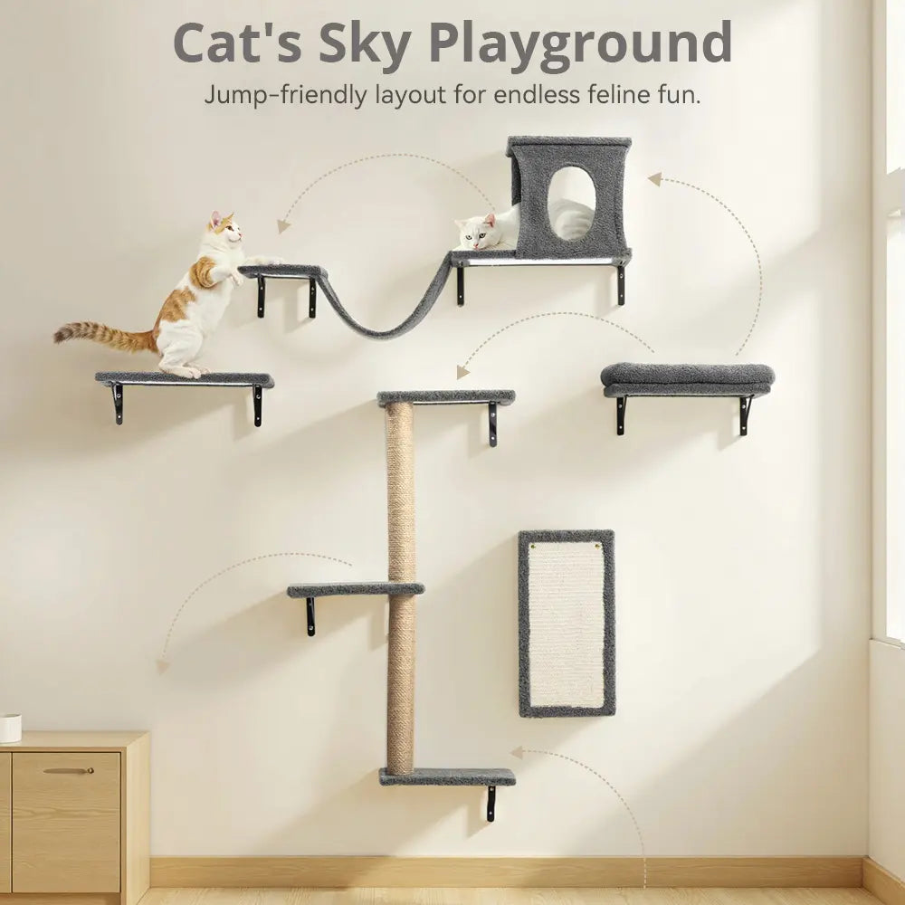 【Petcozife】5-In-1 Wall Mounted Cat Climber Set with Cat House, Wooden Kitten Climbing Wall with Scratching Post, Tunnel, Bridge, Tree, Steps, Scratcher Board & Hammock, Indoor Cat Shelves for Luxury Kitty