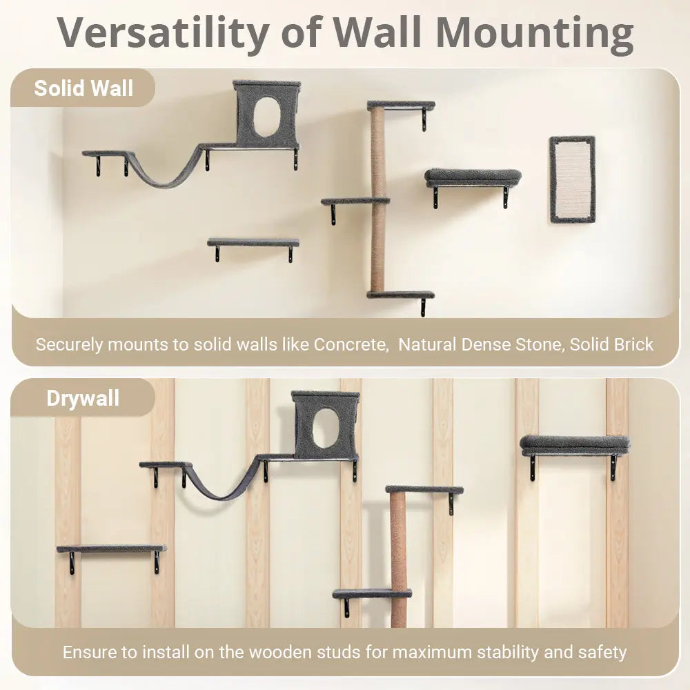 【Petcozife】5-In-1 Wall Mounted Cat Climber Set with Cat House, Wooden Kitten Climbing Wall with Scratching Post, Tunnel, Bridge, Tree, Steps, Scratcher Board & Hammock, Indoor Cat Shelves for Luxury Kitty