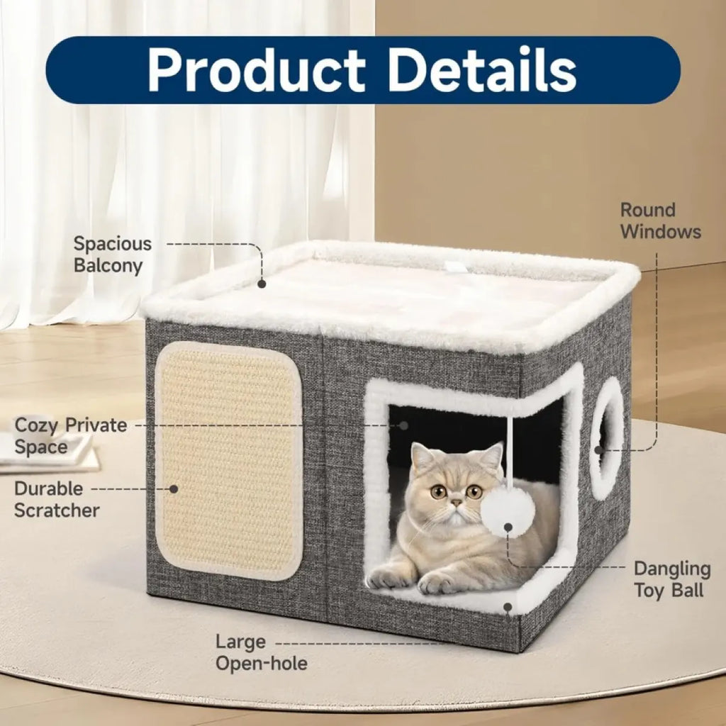 A Cat Bed Suitable for Indoor Cats, with a Large Cat Hole for a Comfortable Apartment, Fluffy Hanging Balls, round Windows, a Foldable Indoor Cat House, Capable of Bearing up to 30 Pounds , with Double-Sided Soft Cushions, Suitable for All Seasons