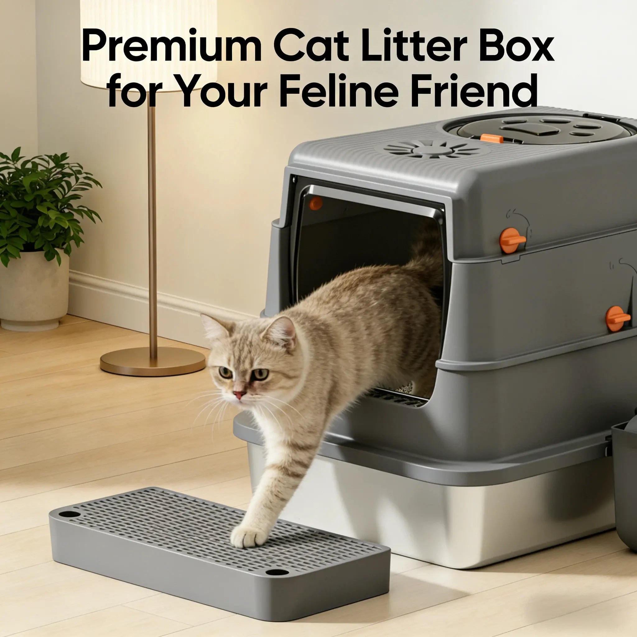 Petwhole 3-In-1 Enclosed Stainless Steel Litter Box (Medium Size) - Litter Box Enclosure with Odor Control, Leak Guard, Easy Cleaning, Scoop & Deodorant Bag for Kittens