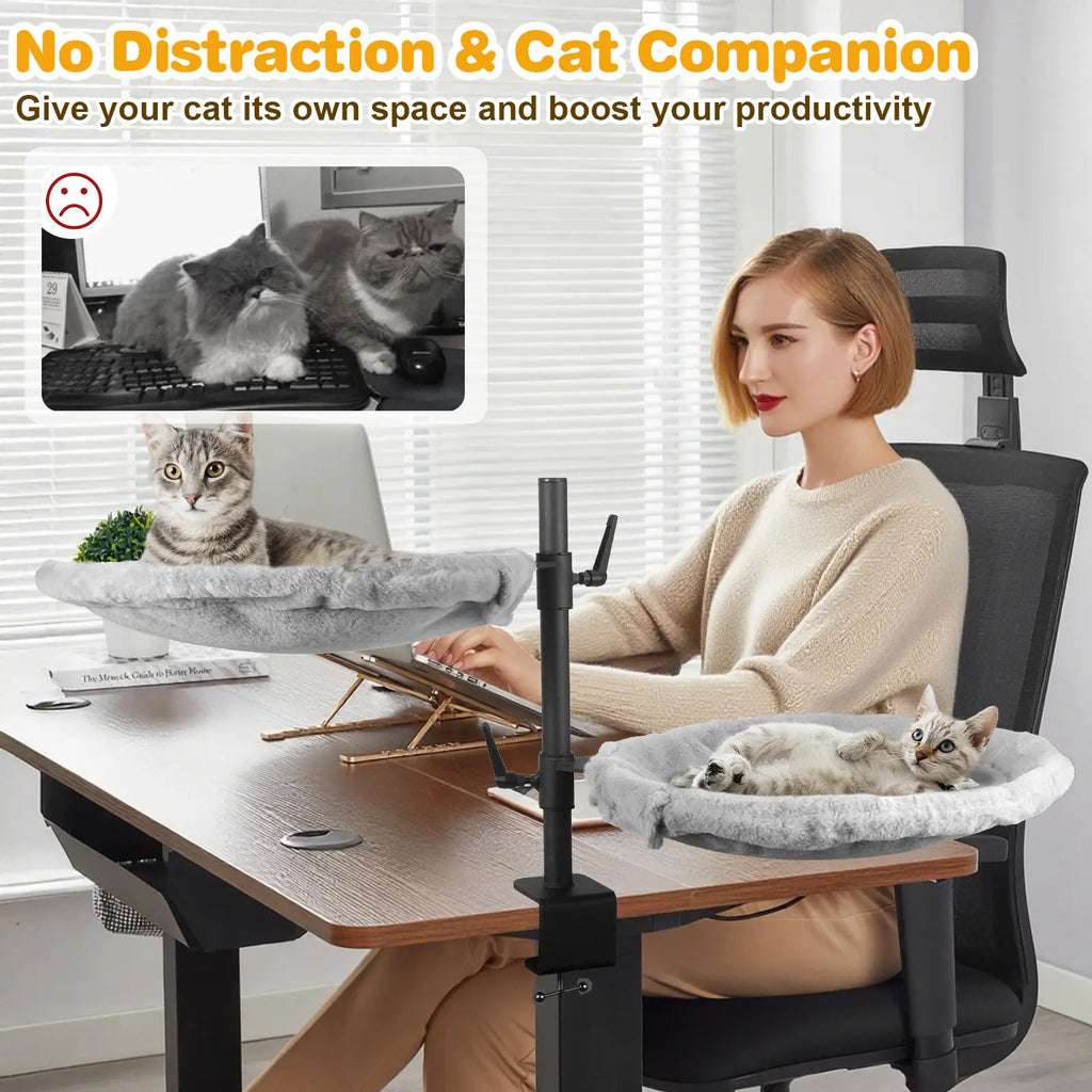 Unidevice Cat Desk Bed - Sturdy Cat Bed for Desk, Double Cat Bed with 360° Rotating & Adjustable Height, Elevated Cats Nest Perch for Desk, Grey Kitty Machine Washable Bedding Outdoorfun