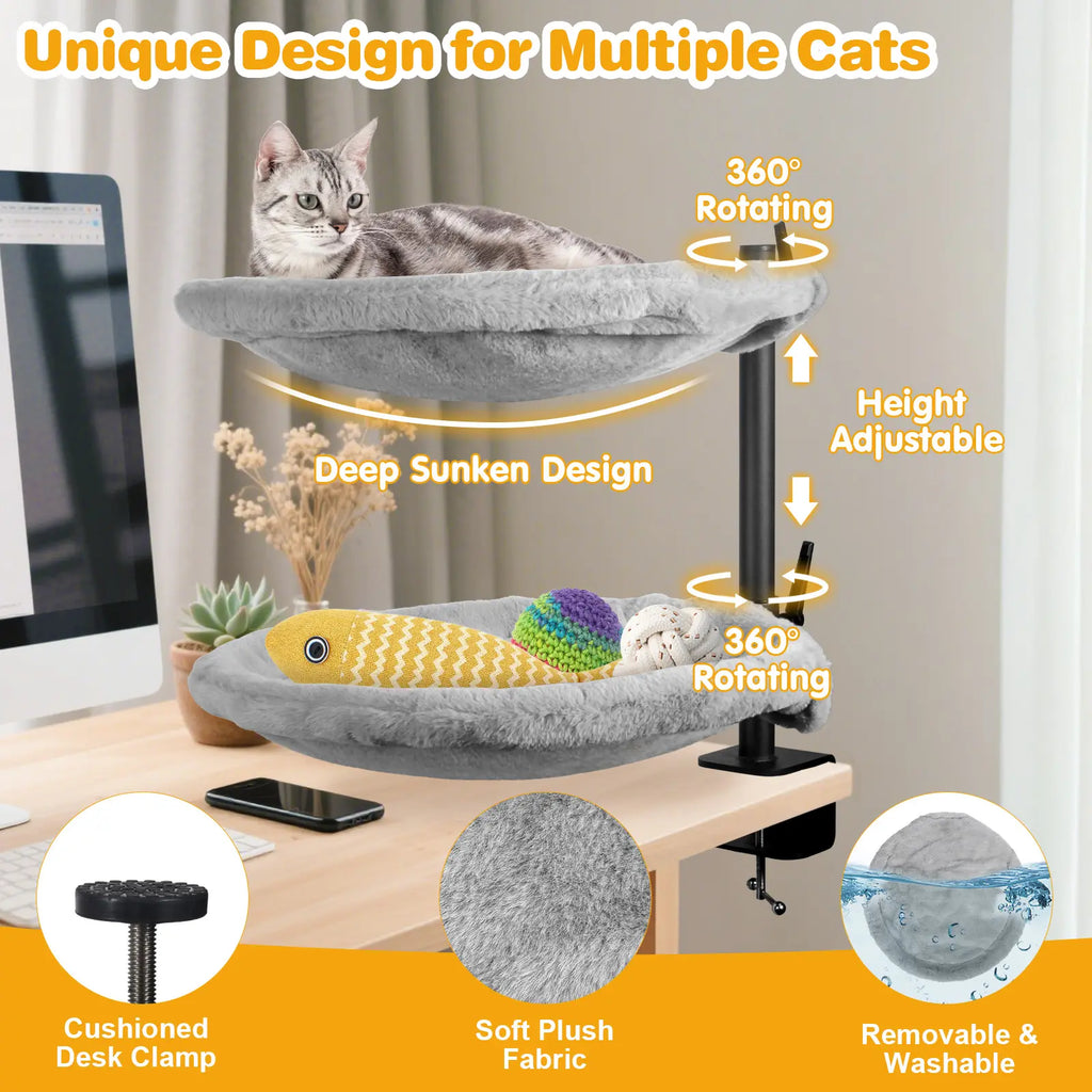 Unidevice Cat Desk Bed - Sturdy Cat Bed for Desk, Double Cat Bed with 360° Rotating & Adjustable Height, Elevated Cats Nest Perch for Desk, Grey Kitty Machine Washable Bedding Outdoorfun