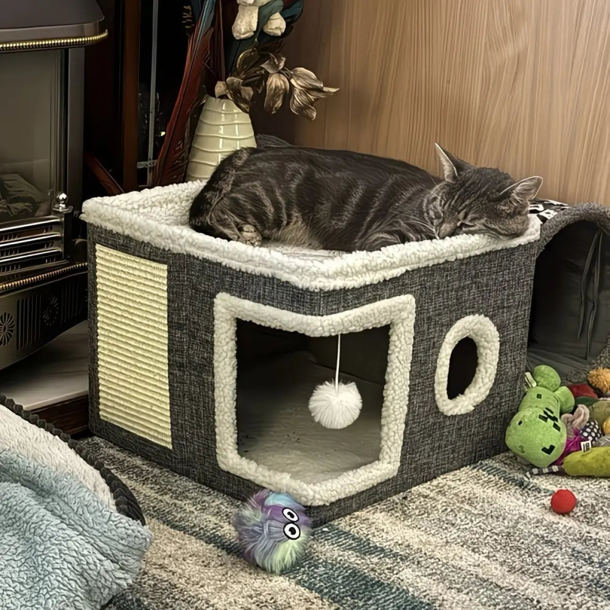 A Cat Bed Suitable for Indoor Cats, with a Large Cat Hole for a Comfortable Apartment, Fluffy Hanging Balls, round Windows, a Foldable Indoor Cat House, Capable of Bearing up to 30 Pounds , with Double-Sided Soft Cushions, Suitable for All Seasons