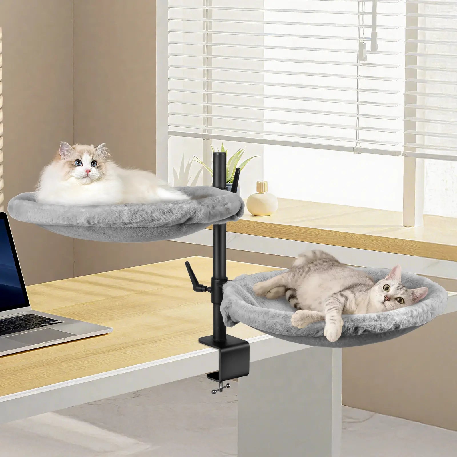 Unidevice Cat Desk Bed - Sturdy Cat Bed for Desk, Double Cat Bed with 360° Rotating & Adjustable Height, Elevated Cats Nest Perch for Desk, Grey Kitty Machine Washable Bedding Outdoorfun